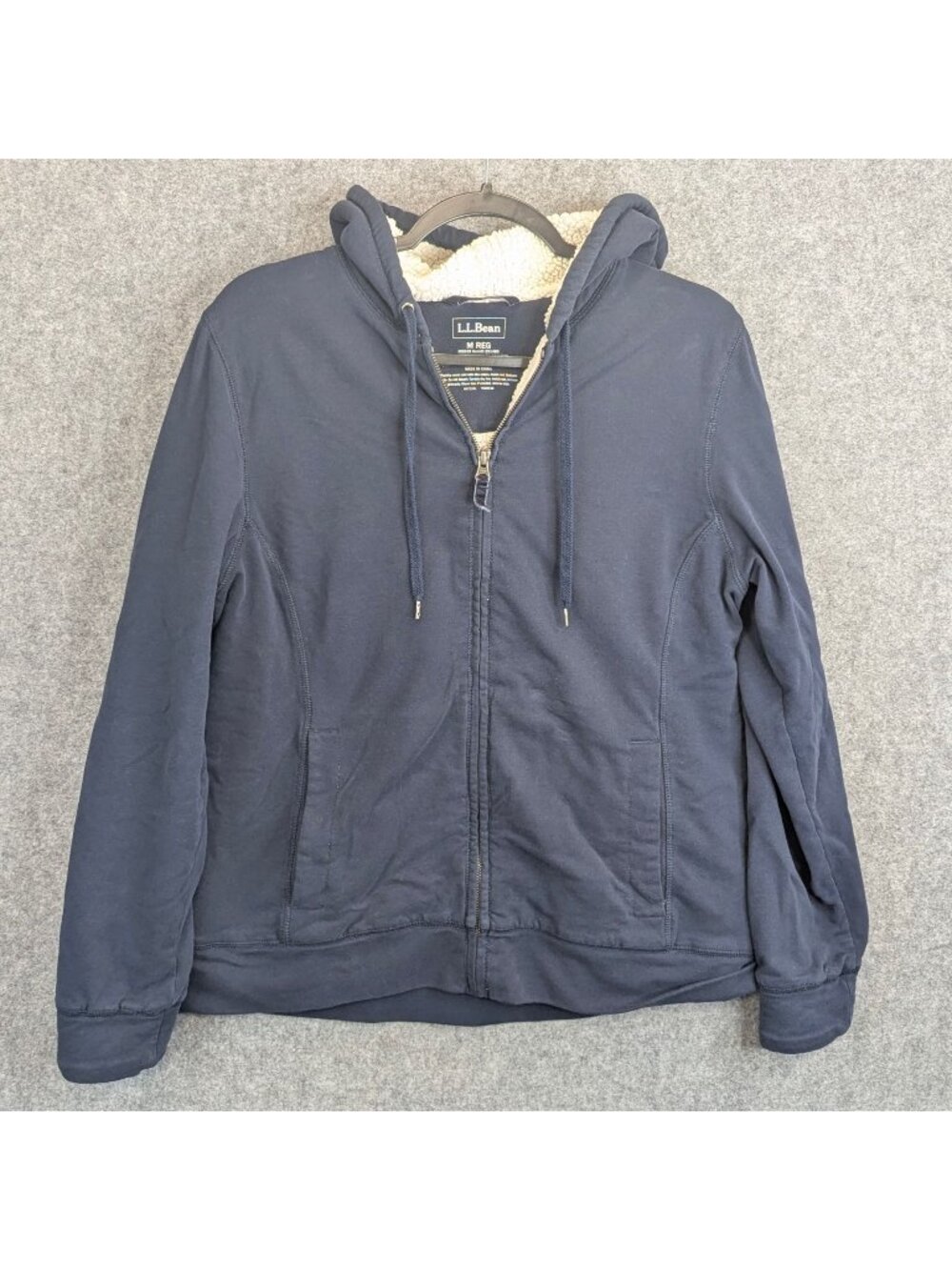 LL Bean Sherpa Lined Full Zip Hoodie Jacket Womens Medium Blue Beige 291480